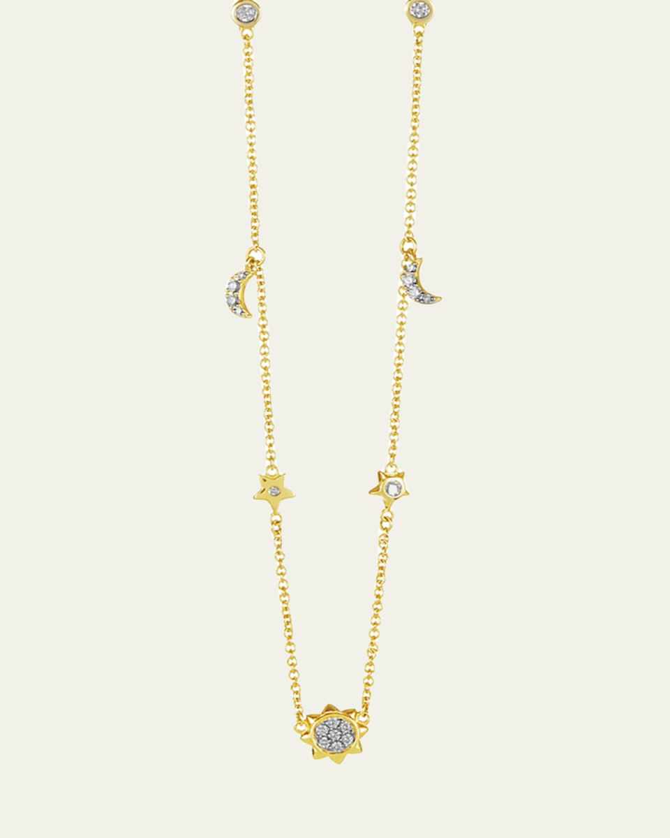 Yellow Gold Cable Chain with Center Diamond Sun, Moon and Star